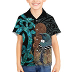 New Zealand Tui Bird Wahaika Kid Hawaiian Shirt Maori Weapon Paua Shell Koru Pattern