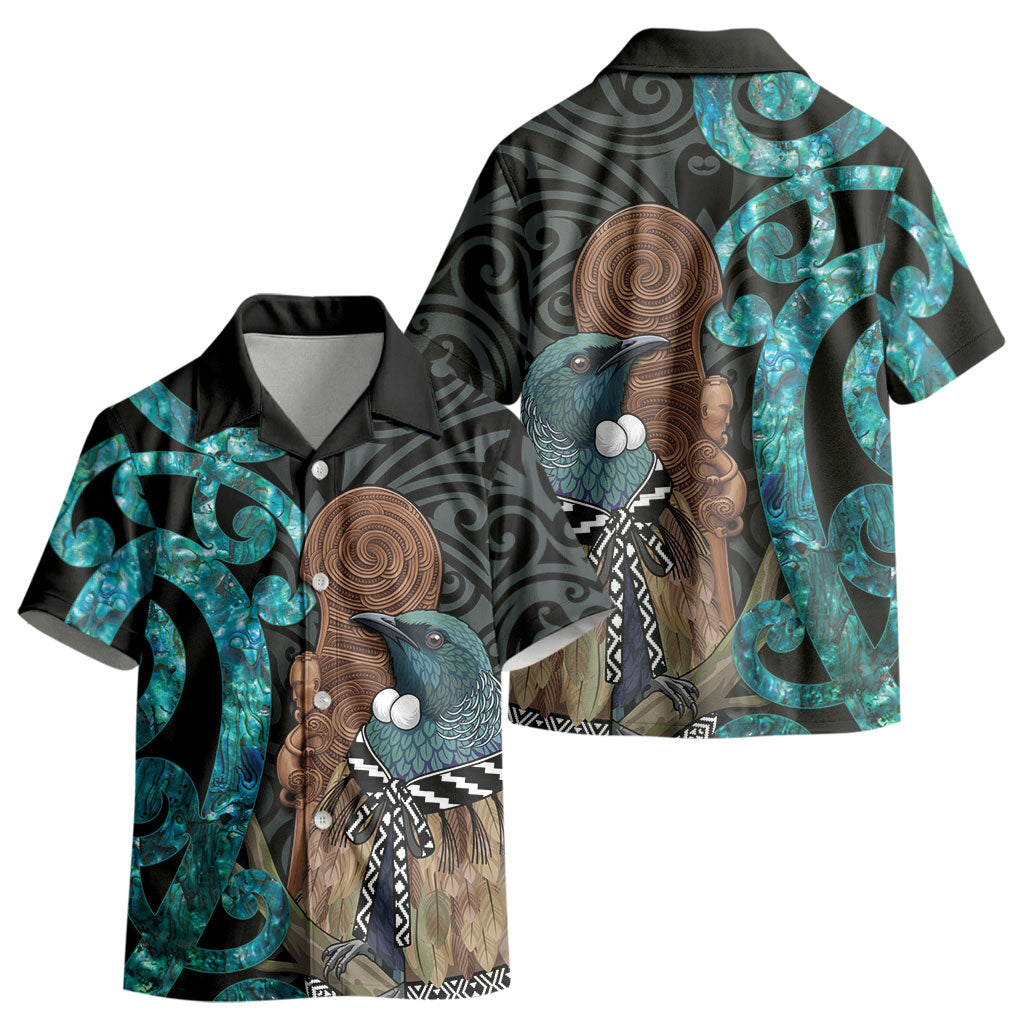 New Zealand Tui Bird Wahaika Kid Hawaiian Shirt Maori Weapon Paua Shell Koru Pattern LT22