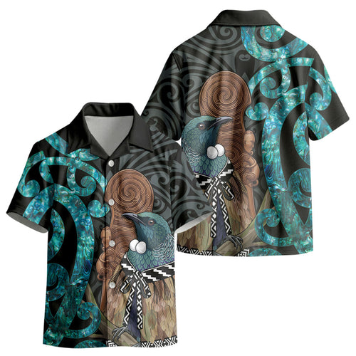 New Zealand Tui Bird Wahaika Kid Hawaiian Shirt Maori Weapon Paua Shell Koru Pattern LT22