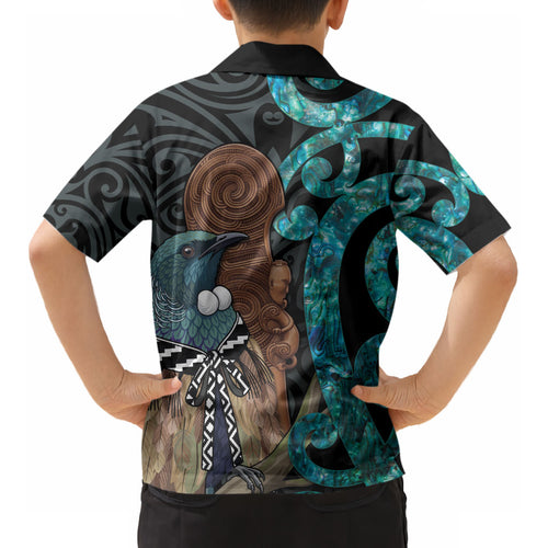 New Zealand Tui Bird Wahaika Kid Hawaiian Shirt Maori Weapon Paua Shell Koru Pattern LT22