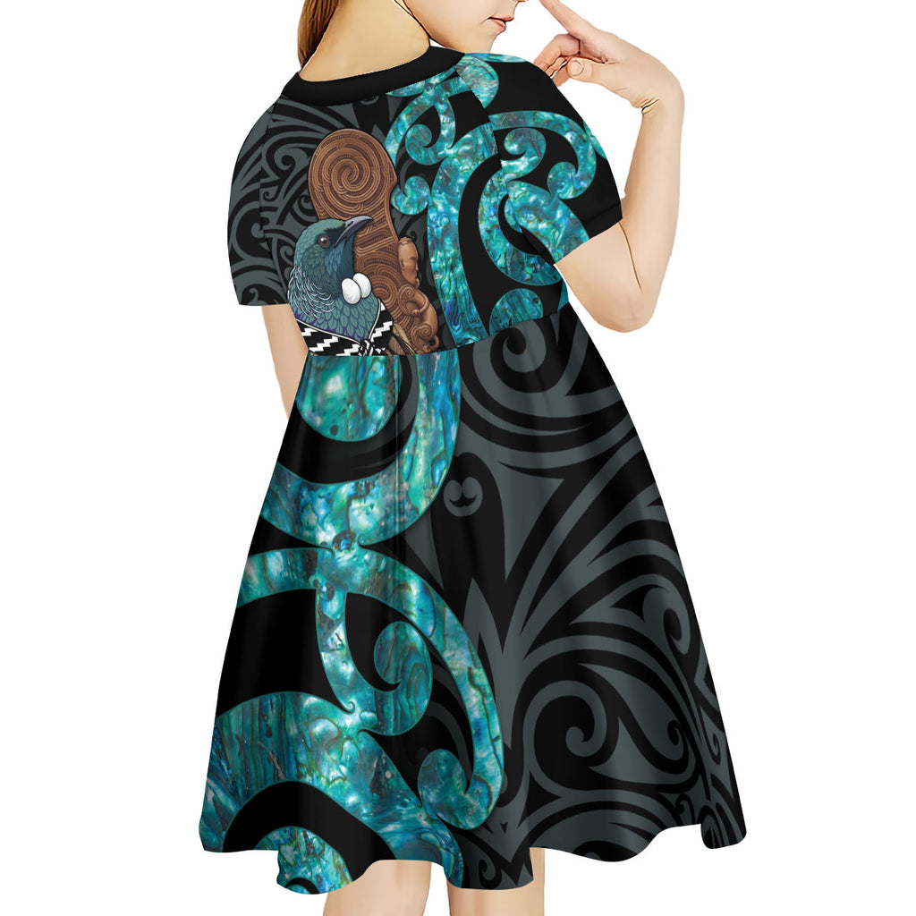 New Zealand Tui Bird Wahaika Kid Short Sleeve Dress Maori Weapon Paua Shell Koru Pattern