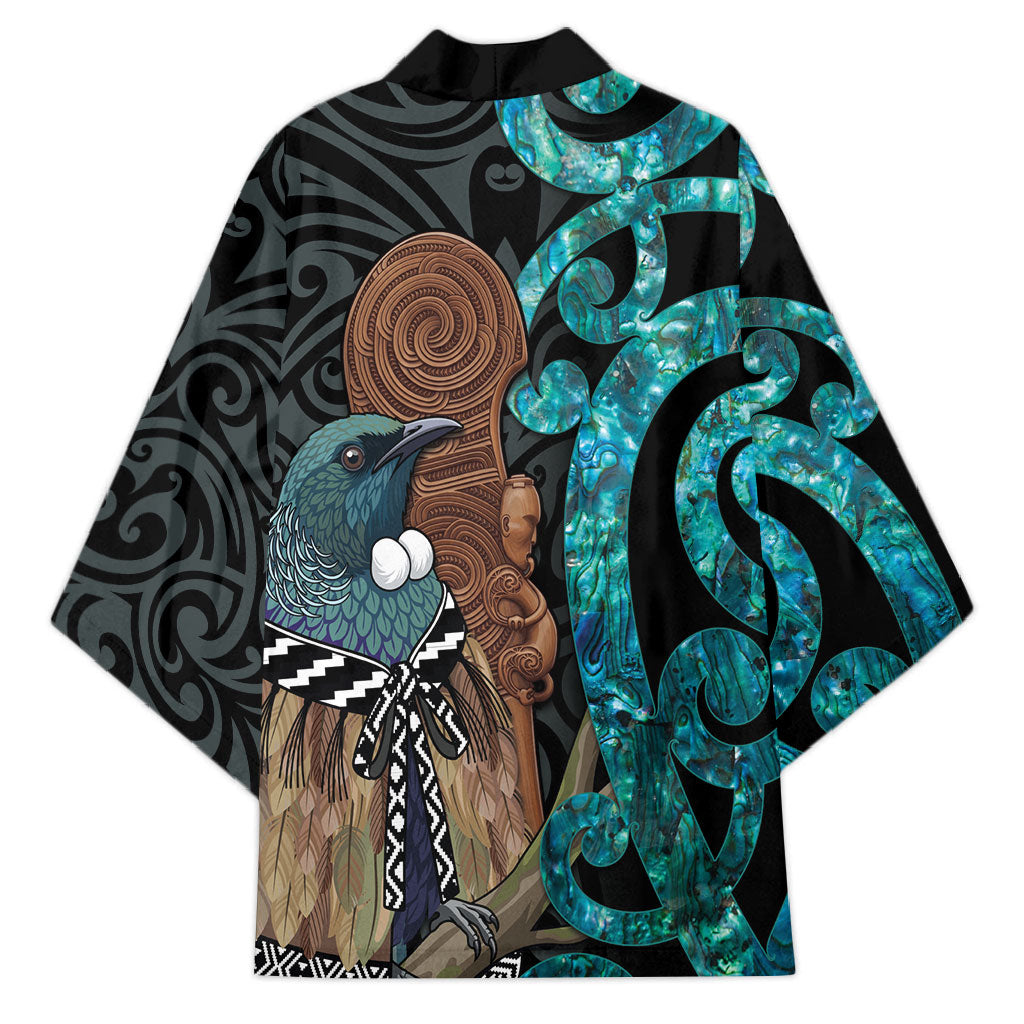 New Zealand Tui Bird Wahaika Kimono Maori Weapon Paua Shell Koru Pattern