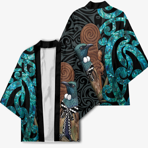 New Zealand Tui Bird Wahaika Kimono Maori Weapon Paua Shell Koru Pattern