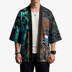 New Zealand Tui Bird Wahaika Kimono Maori Weapon Paua Shell Koru Pattern