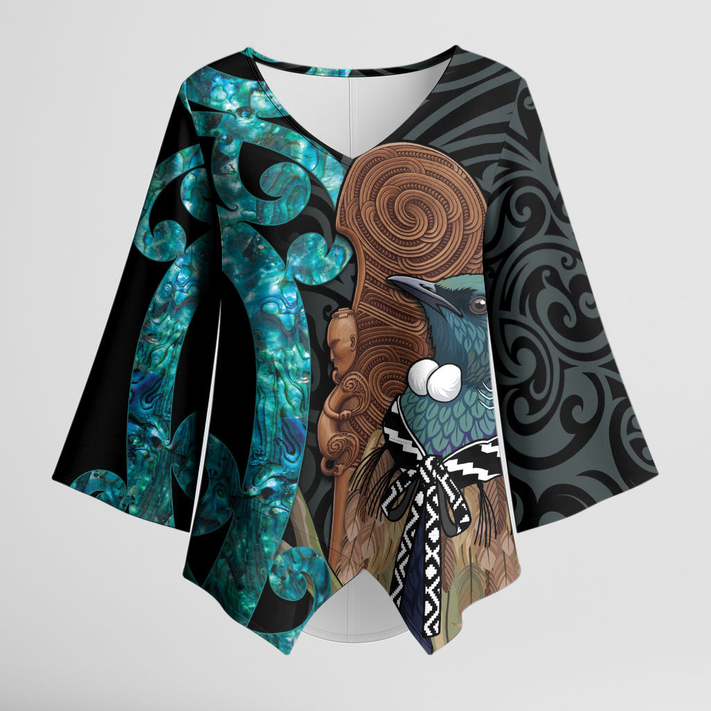 New Zealand Tui Bird Wahaika Kimono Sleeve Blouse Maori Weapon Paua Shell Koru Pattern
