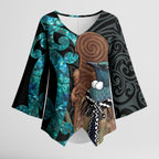 New Zealand Tui Bird Wahaika Kimono Sleeve Blouse Maori Weapon Paua Shell Koru Pattern