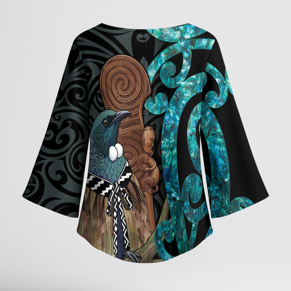 New Zealand Tui Bird Wahaika Kimono Sleeve Blouse Maori Weapon Paua Shell Koru Pattern