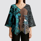 New Zealand Tui Bird Wahaika Kimono Sleeve Blouse Maori Weapon Paua Shell Koru Pattern
