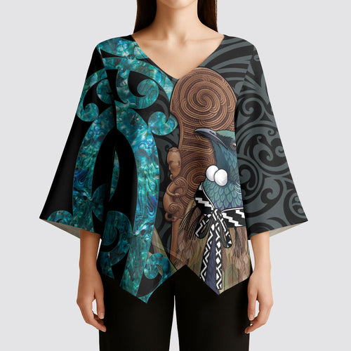 New Zealand Tui Bird Wahaika Kimono Sleeve Blouse Maori Weapon Paua Shell Koru Pattern