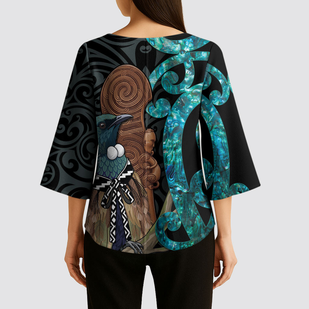 New Zealand Tui Bird Wahaika Kimono Sleeve Blouse Maori Weapon Paua Shell Koru Pattern