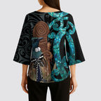 New Zealand Tui Bird Wahaika Kimono Sleeve Blouse Maori Weapon Paua Shell Koru Pattern