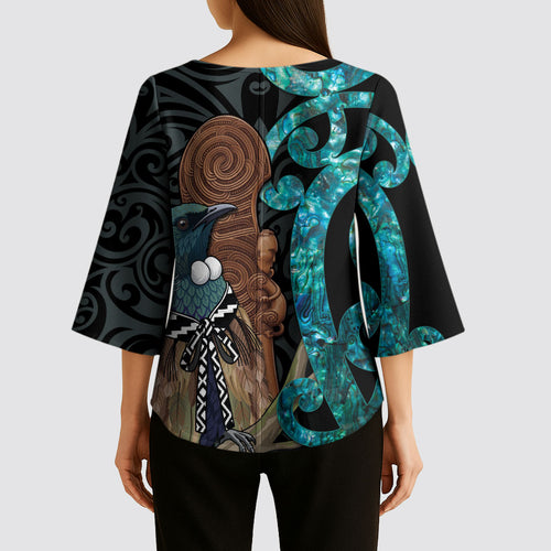 New Zealand Tui Bird Wahaika Kimono Sleeve Blouse Maori Weapon Paua Shell Koru Pattern