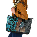 New Zealand Tui Bird Wahaika Leather Tote Bag Maori Weapon Paua Shell Koru Pattern
