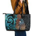 New Zealand Tui Bird Wahaika Leather Tote Bag Maori Weapon Paua Shell Koru Pattern