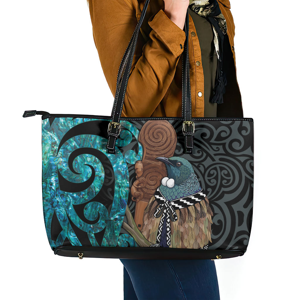 New Zealand Tui Bird Wahaika Leather Tote Bag Maori Weapon Paua Shell Koru Pattern