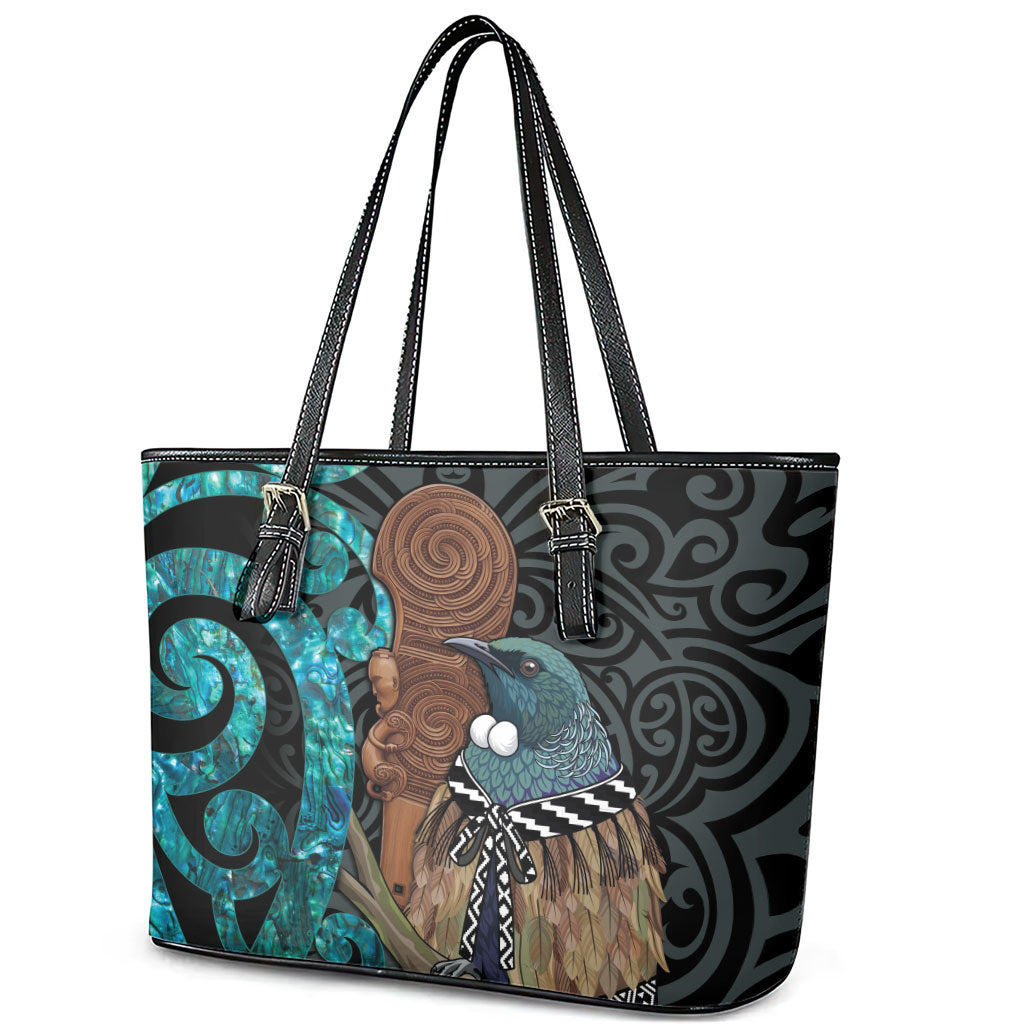 New Zealand Tui Bird Wahaika Leather Tote Bag Maori Weapon Paua Shell Koru Pattern