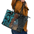 New Zealand Tui Bird Wahaika Leather Tote Bag Maori Weapon Paua Shell Koru Pattern