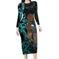 New Zealand Tui Bird Wahaika Long Sleeve Bodycon Dress Maori Weapon Paua Shell Koru Pattern