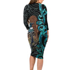 New Zealand Tui Bird Wahaika Long Sleeve Bodycon Dress Maori Weapon Paua Shell Koru Pattern