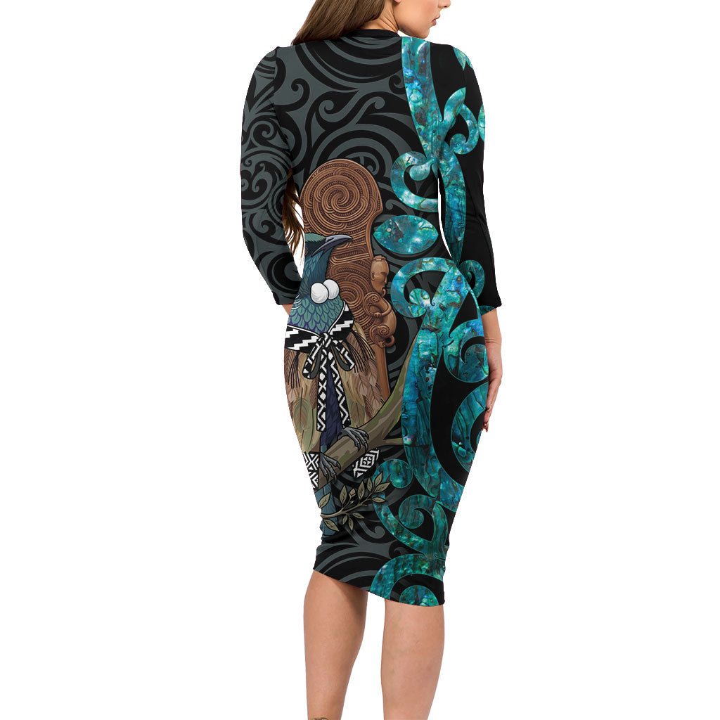 New Zealand Tui Bird Wahaika Long Sleeve Bodycon Dress Maori Weapon Paua Shell Koru Pattern