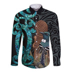 New Zealand Tui Bird Wahaika Long Sleeve Button Shirt Maori Weapon Paua Shell Koru Pattern
