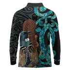 New Zealand Tui Bird Wahaika Long Sleeve Polo Shirt Maori Weapon Paua Shell Koru Pattern