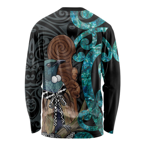 New Zealand Tui Bird Wahaika Long Sleeve Shirt Maori Weapon Paua Shell Koru Pattern