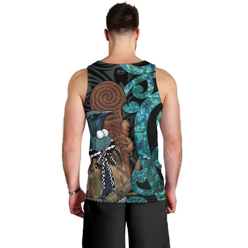 New Zealand Tui Bird Wahaika Men Tank Top Maori Weapon Paua Shell Koru Pattern