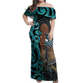 New Zealand Tui Bird Wahaika Off Shoulder Maxi Dress Maori Weapon Paua Shell Koru Pattern
