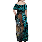 New Zealand Tui Bird Wahaika Off Shoulder Maxi Dress Maori Weapon Paua Shell Koru Pattern