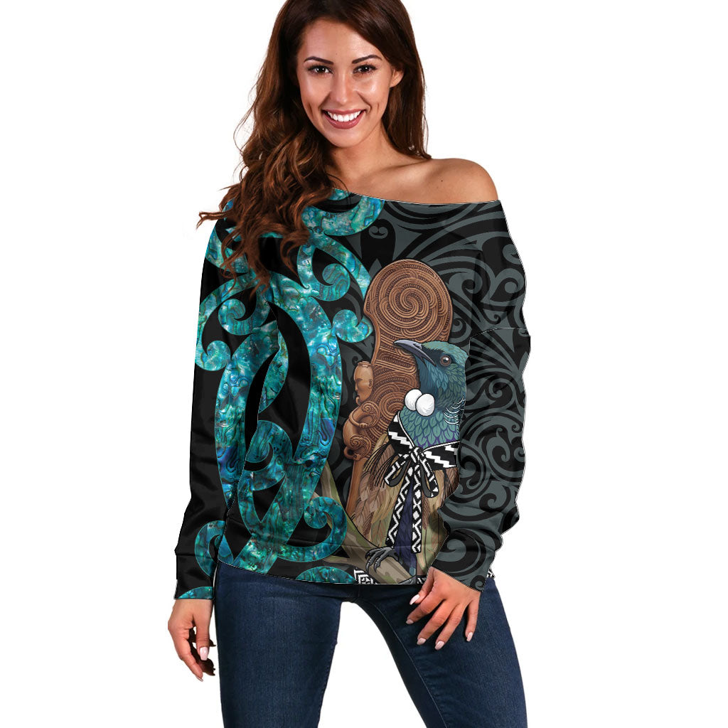New Zealand Tui Bird Wahaika Off Shoulder Sweater Maori Weapon Paua Shell Koru Pattern