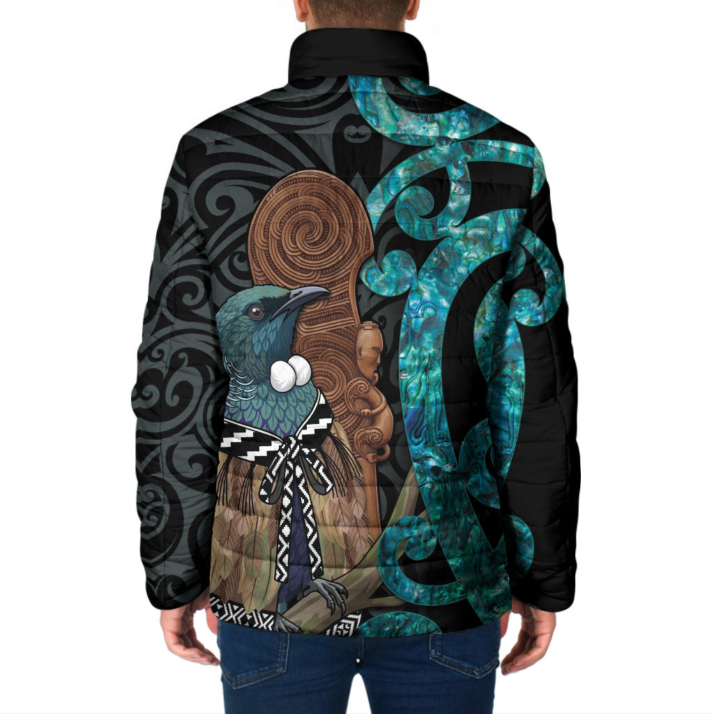 New Zealand Tui Bird Wahaika Padded Jacket Maori Weapon Paua Shell Koru Pattern