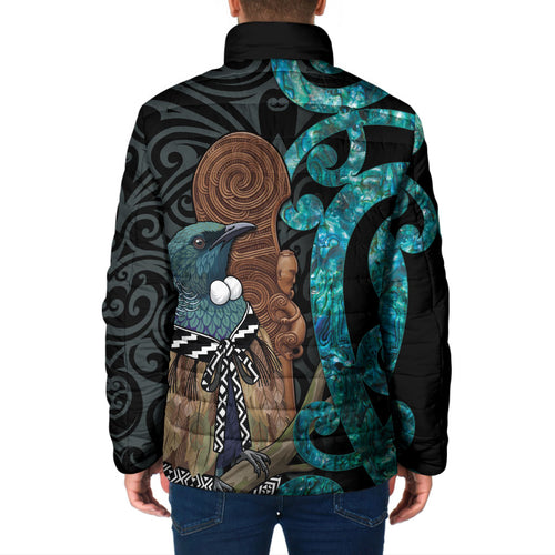 New Zealand Tui Bird Wahaika Padded Jacket Maori Weapon Paua Shell Koru Pattern