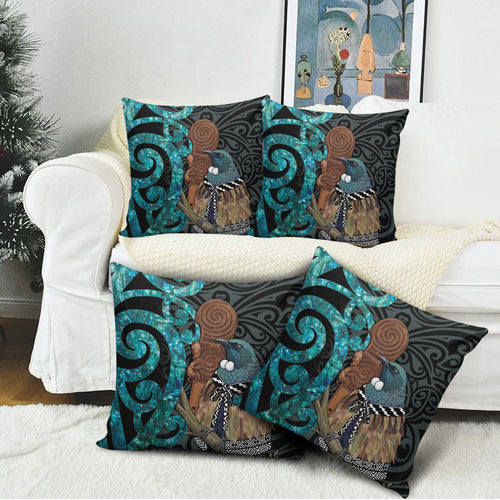 New Zealand Tui Bird Wahaika Pillow Cover Maori Weapon Paua Shell Koru Pattern