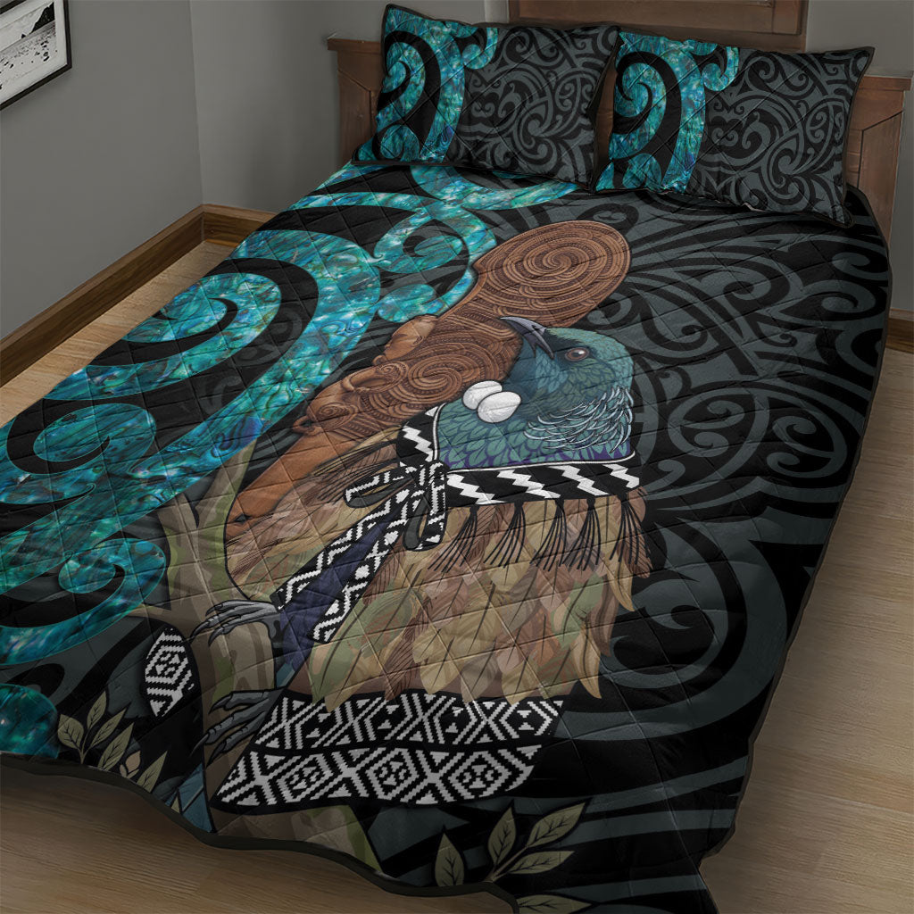 New Zealand Tui Bird Wahaika Quilt Bed Set Maori Weapon Paua Shell Koru Pattern