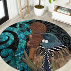 New Zealand Tui Bird Wahaika Round Carpet Maori Weapon Paua Shell Koru Pattern