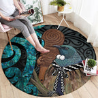 New Zealand Tui Bird Wahaika Round Carpet Maori Weapon Paua Shell Koru Pattern