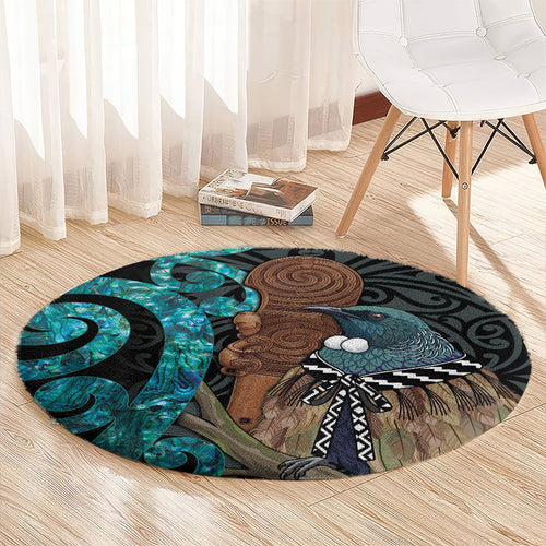 New Zealand Tui Bird Wahaika Round Carpet Maori Weapon Paua Shell Koru Pattern