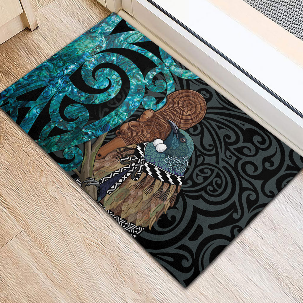 New Zealand Tui Bird Wahaika Rubber Doormat Maori Weapon Paua Shell Koru Pattern