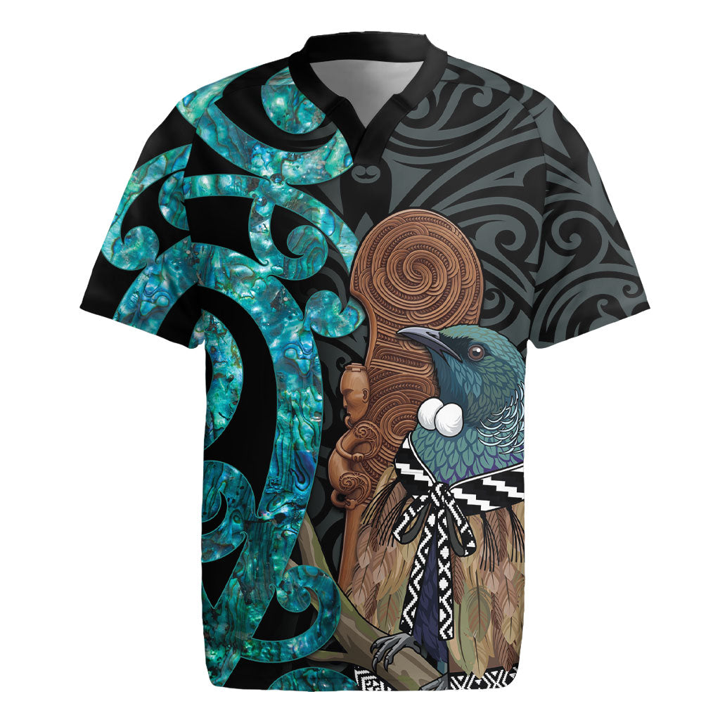 New Zealand Tui Bird Wahaika Rugby Jersey Maori Weapon Paua Shell Koru Pattern