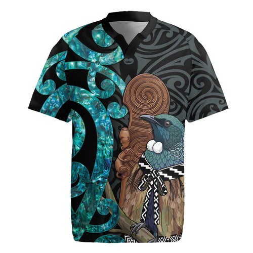 New Zealand Tui Bird Wahaika Rugby Jersey Maori Weapon Paua Shell Koru Pattern