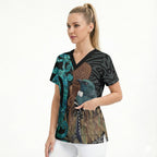 New Zealand Tui Bird Wahaika Scrub Top Maori Weapon Paua Shell Koru Pattern
