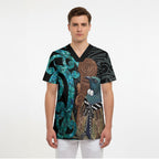 New Zealand Tui Bird Wahaika Scrub Top Maori Weapon Paua Shell Koru Pattern