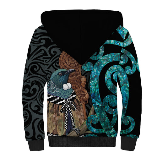 New Zealand Tui Bird Wahaika Sherpa Hoodie Maori Weapon Paua Shell Koru Pattern