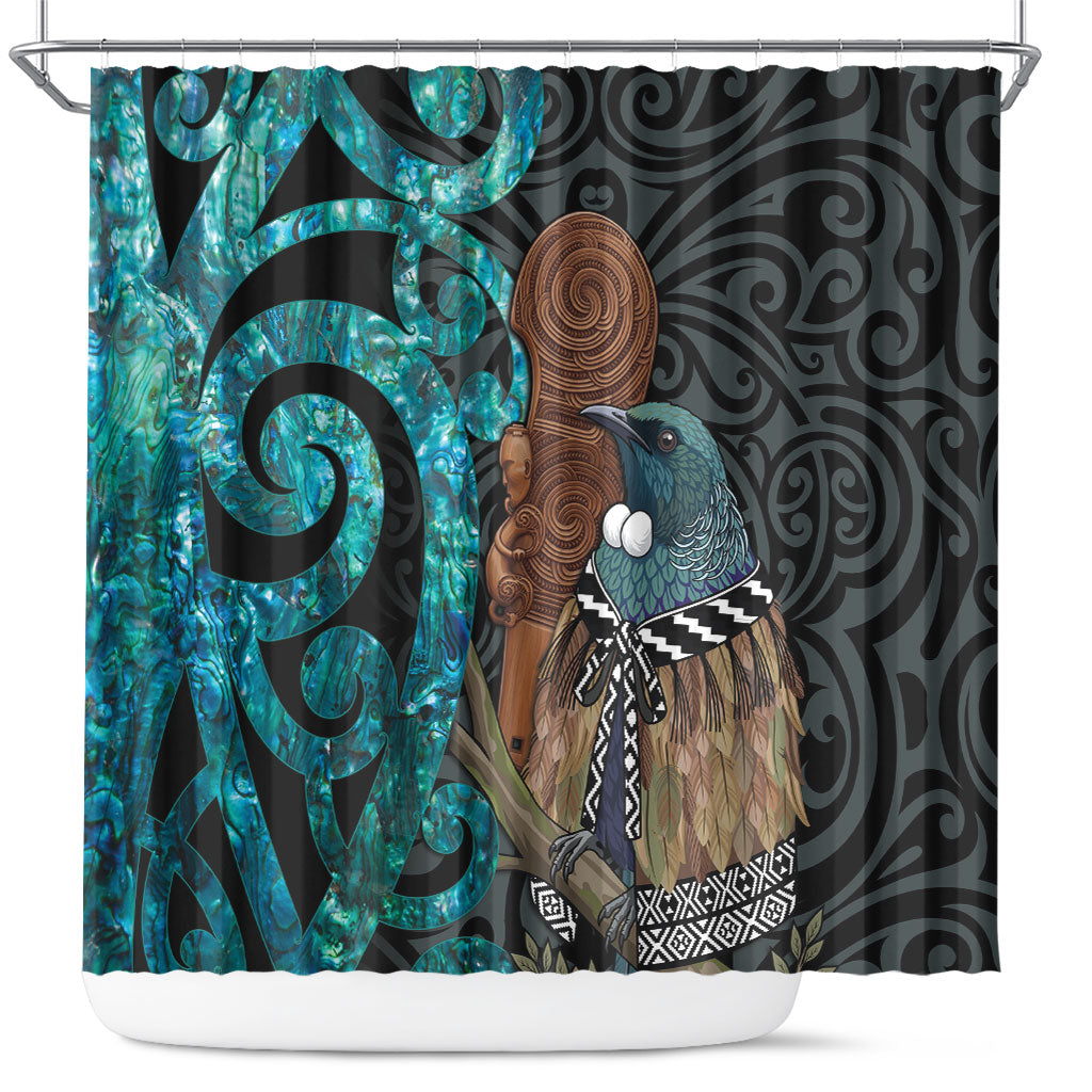 New Zealand Tui Bird Wahaika Shower Curtain Maori Weapon Paua Shell Koru Pattern