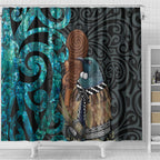 New Zealand Tui Bird Wahaika Shower Curtain Maori Weapon Paua Shell Koru Pattern