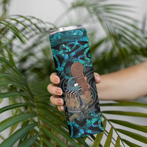 New Zealand Tui Bird Wahaika Skinny Tumbler Maori Weapon Paua Shell Koru Pattern