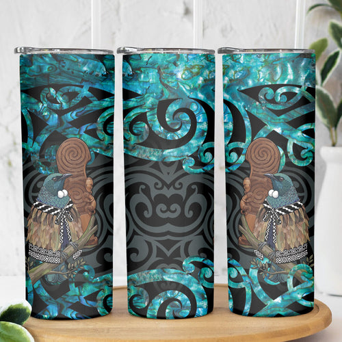 New Zealand Tui Bird Wahaika Skinny Tumbler Maori Weapon Paua Shell Koru Pattern