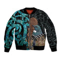 New Zealand Tui Bird Wahaika Sleeve Zip Bomber Jacket Maori Weapon Paua Shell Koru Pattern