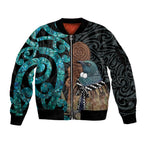 New Zealand Tui Bird Wahaika Sleeve Zip Bomber Jacket Maori Weapon Paua Shell Koru Pattern